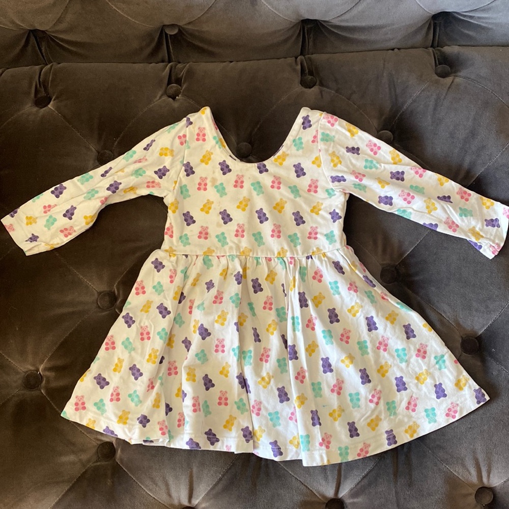 Gummy bear dress long sleeve : white with pink, teal, purple & yellow bears